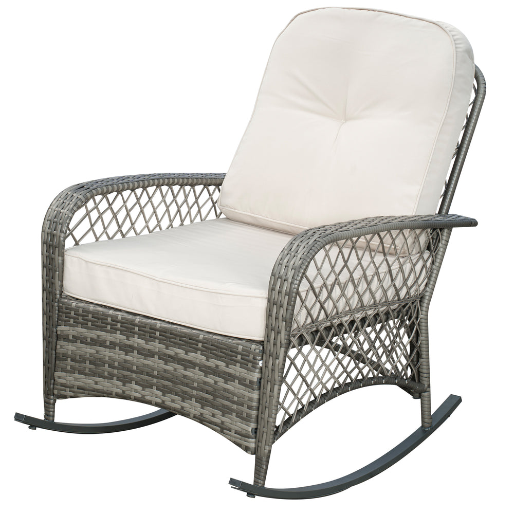 Rattan Rocking Chair, Outdoor Wicker Patio Rocker Chair Furniture with Thick Cushions, for Garden Backyard Porch, Khaki