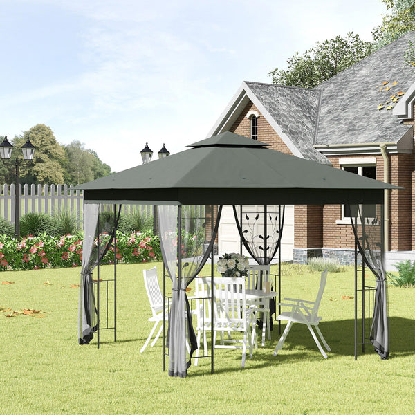 3(m) x 3(m) Garden Gazebo, Double Roof Outdoor Gazebo Canopy Shelter with Netting, Solid Steel Frame, for Garden, Lawn and Deck, Grey
