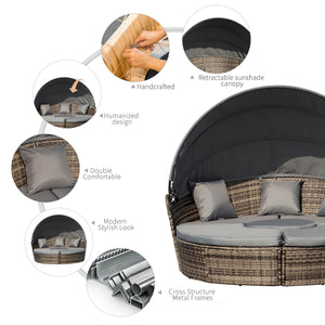 Outdoor PE Rattan Garden Furniture with Cushioned, Patio Wicker Conversation Furniture Set, Round Daybed with Retractable Canopy, Coffee Table and Three Pillows, Dark Grey/Grey