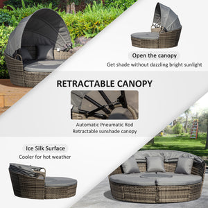 Outdoor PE Rattan Garden Furniture with Cushioned, Patio Wicker Conversation Furniture Set, Round Daybed with Retractable Canopy, Coffee Table and Three Pillows, Dark Grey/Grey
