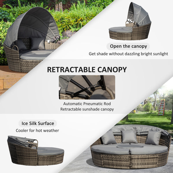 Outdoor PE Rattan Garden Furniture with Cushioned, Patio Wicker Conversation Furniture Set, Round Daybed with Retractable Canopy, Coffee Table and Three Pillows, Dark Grey/Grey