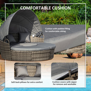 Outdoor PE Rattan Garden Furniture with Cushioned, Patio Wicker Conversation Furniture Set, Round Daybed with Retractable Canopy, Coffee Table and Three Pillows, Dark Grey/Grey