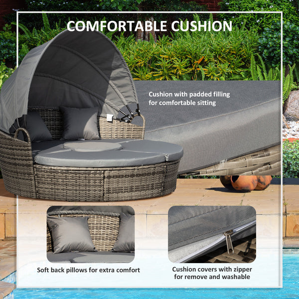 Outdoor PE Rattan Garden Furniture with Cushioned, Patio Wicker Conversation Furniture Set, Round Daybed with Retractable Canopy, Coffee Table and Three Pillows, Dark Grey/Grey
