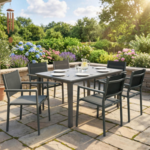 Garden Dining Set with Acacia Wood Table Top, Outdoor Table and Stackable Chairs Set for 6 with Texteline Seat, for Patio, Conservatory, Terrace, Grey