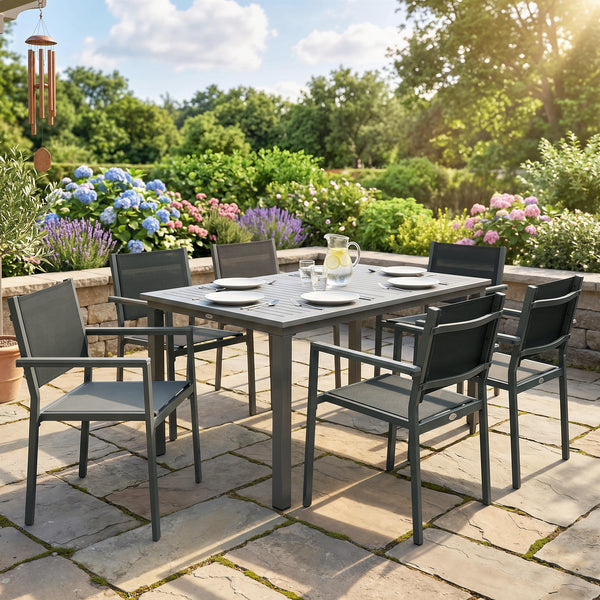 Garden Dining Set with Acacia Wood Table Top, Outdoor Table and Stackable Chairs Set for 6 with Texteline Seat, for Patio, Conservatory, Terrace, Grey