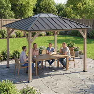 10' x 12' Hardtop Gazebo with Galvanized Steel Roof, Wood Permanent Pavilion Canopy Shelter with Clear Roof Top, UPF50+ Protection, Ceiling Hooks for Lawn, Backyard, Deck, Light Walnut