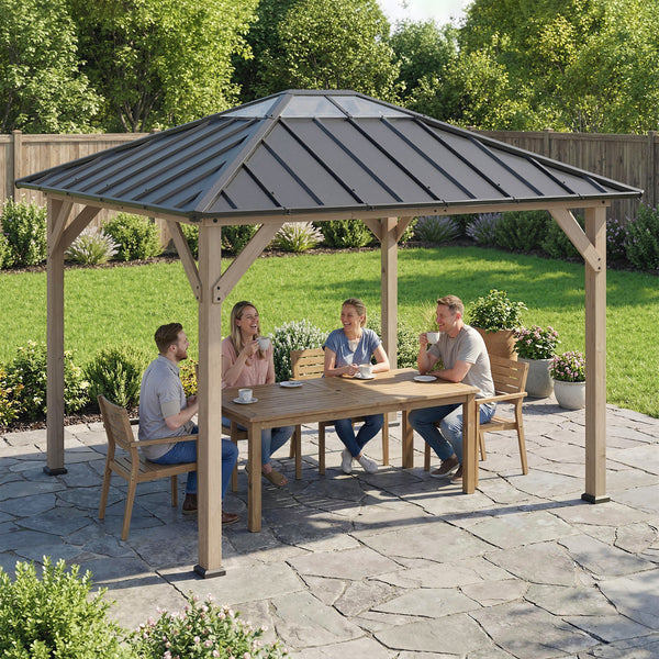 10' x 12' Hardtop Gazebo with Galvanized Steel Roof, Wood Permanent Pavilion Canopy Shelter with Clear Roof Top, UPF50+ Protection, Ceiling Hooks for Lawn, Backyard, Deck, Light Walnut