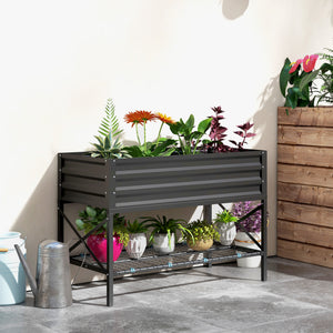 Outsunny Raised Garden Bed with Galvanized Steel Frame, Storage Shelf and Bed Liner, Elevated Planter Box with Legs for Vegetables, Flowers, Herbs, Black