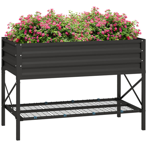 Outsunny Raised Garden Bed with Galvanized Steel Frame, Storage Shelf and Bed Liner, Elevated Planter Box with Legs for Vegetables, Flowers, Herbs, Black