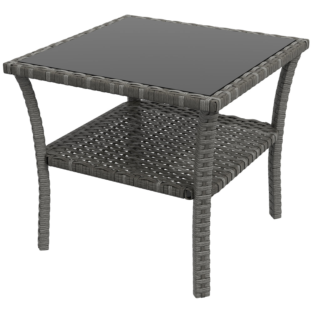 20" Patio Wicker Coffee Table, Outdoor PE Rattan Two-tier Side Table with Glass Top, for Patio, Garden, Balcony, Mixed Grey