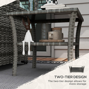 20" Patio Wicker Coffee Table, Outdoor PE Rattan Two-tier Side Table with Glass Top, for Patio, Garden, Balcony, Mixed Grey