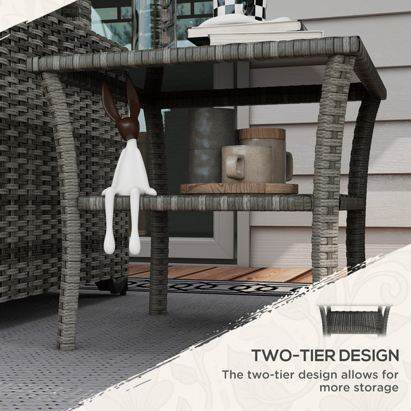 20" Patio Wicker Coffee Table, Outdoor PE Rattan Two-tier Side Table with Glass Top, for Patio, Garden, Balcony, Mixed Grey