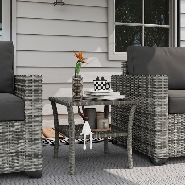 20" Patio Wicker Coffee Table, Outdoor PE Rattan Two-tier Side Table with Glass Top, for Patio, Garden, Balcony, Mixed Grey