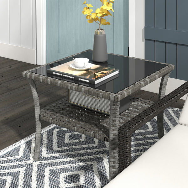 20" Patio Wicker Coffee Table, Outdoor PE Rattan Two-tier Side Table with Glass Top, for Patio, Garden, Balcony, Mixed Grey