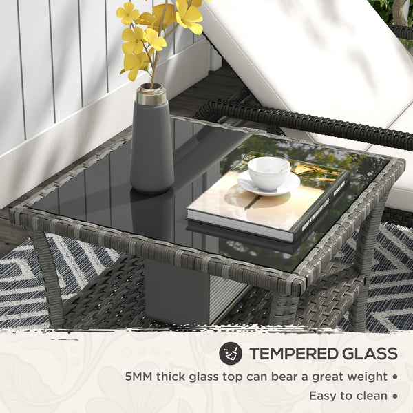 20" Patio Wicker Coffee Table, Outdoor PE Rattan Two-tier Side Table with Glass Top, for Patio, Garden, Balcony, Mixed Grey