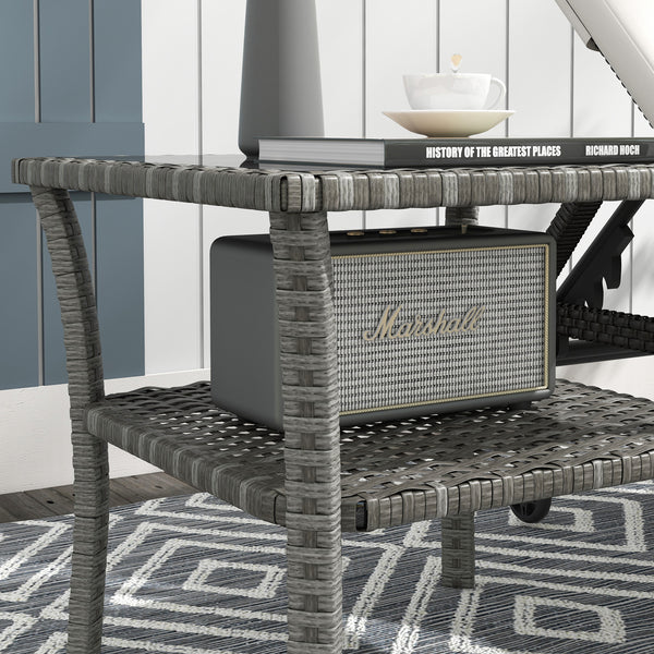 20" Patio Wicker Coffee Table, Outdoor PE Rattan Two-tier Side Table with Glass Top, for Patio, Garden, Balcony, Mixed Grey