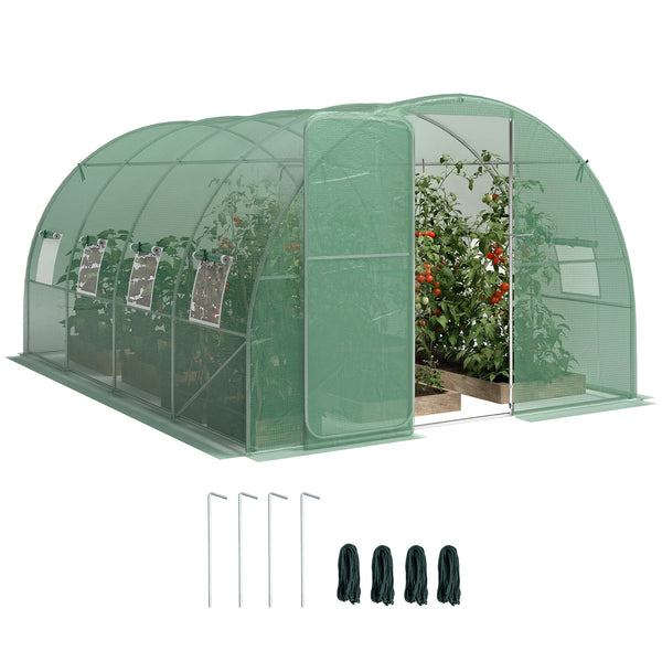 10' x 13' Walk-in Polytunnel Greenhouse with Hinged Door and 8 Roll Up Mesh Windows, Garden Tunnel Warm House Tent with UV-resistant PE Cover, Galvanised Steel Frame, Green