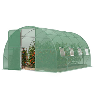 10' x 13' Walk-in Polytunnel Greenhouse with Hinged Door and 8 Roll Up Mesh Windows, Garden Tunnel Warm House Tent with UV-resistant PE Cover, Galvanised Steel Frame, Green