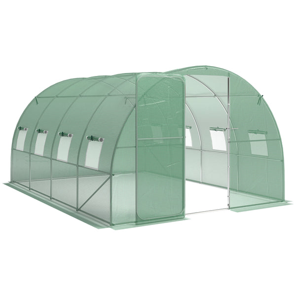 10' x 13' Walk-in Polytunnel Greenhouse with Hinged Door and 8 Roll Up Mesh Windows, Garden Tunnel Warm House Tent with UV-resistant PE Cover, Galvanised Steel Frame, Green