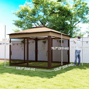 10.7 x 10.7ft Pop Up Camping Gazebo, Height Adjustable Instant Sun Shelter with UV30+ Roof Cover, Removable Mesh Curtains and Carrying Bag for Patio, Backyard, Beige