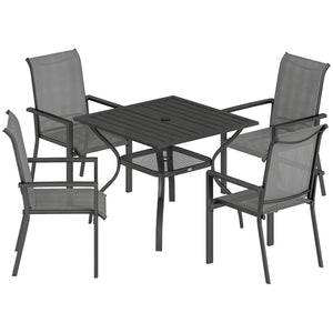 5 Pieces Garden Dining Set for 4, Patio Table and Stackable Chairs with Breathable Mesh Seat and Parasol Hole, Garden Furniture Set with Steel Frame for Garden, Dark Grey