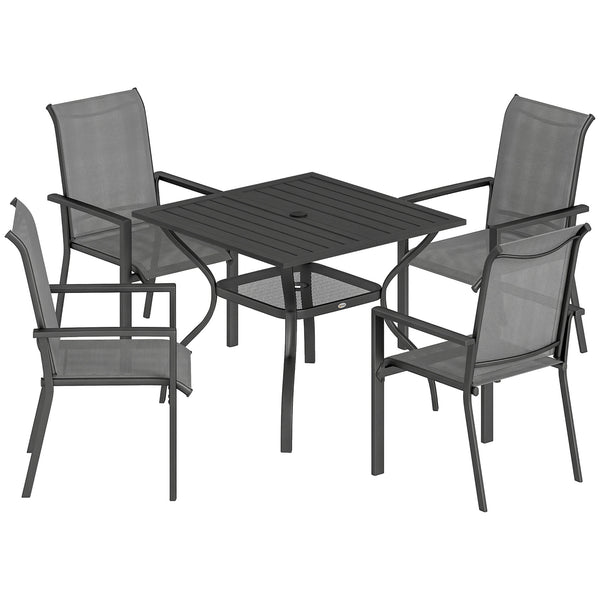 5 Pieces Garden Dining Set for 4, Patio Table and Stackable Chairs with Breathable Mesh Seat and Parasol Hole, Garden Furniture Set with Steel Frame for Garden, Dark Grey