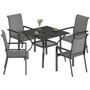 5 Pieces Garden Dining Set for 4, Patio Table and Stackable Chairs with Breathable Mesh Seat and Parasol Hole, Garden Furniture Set with Steel Frame for Garden, Dark Grey