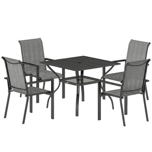 5 Pieces Garden Dining Set for 4, Patio Table and Stackable Chairs with Breathable Mesh Seat and Parasol Hole, Garden Furniture Set with Steel Frame for Garden, Dark Grey