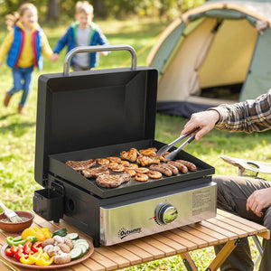 Grill Griddle, Portable Gas Plancha, 3.5 kW, Tabletop Gas BBQ with Grease Cup for Camping Picnic Patios, Black