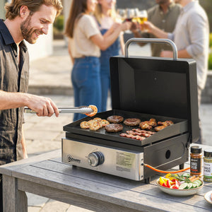 Grill Griddle, Portable Gas Plancha, 3.5 kW, Tabletop Gas BBQ with Grease Cup for Camping Picnic Patios, Black