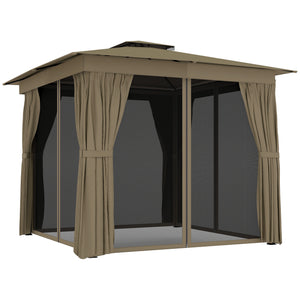 10' x 10' Outdoor Patio Gazebo, Soft Top Gazebo Canopy Shelter with Double Roof, Curtains, Netting, Steel Frame, UPF30+ Protection, Ceiling Hook for Lawn, Backyard, Deck, Khaki