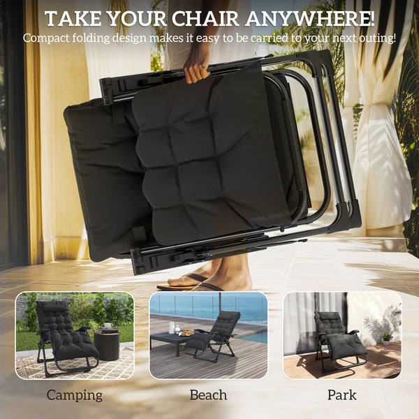 Reclining Zero Gravity Chair with Adjustable Backrest, Folding Garden Sun Lounger, Outdoor Recliner with Removable Cushion and Headrest, Black