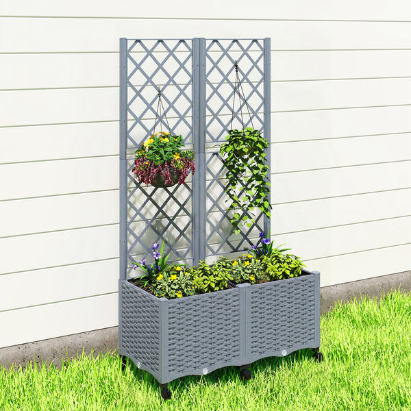 Planter Box with Trellis, Self Watering Raised Garden Bed with Lockable Wheels, 56.3" Trellis Privacy Planter with Drainage Holes for Climbing Plants, Vines, Vegetables, Flowers, Gray