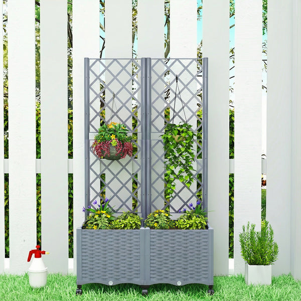 Planter Box with Trellis, Self Watering Raised Garden Bed with Lockable Wheels, 56.3" Trellis Privacy Planter with Drainage Holes for Climbing Plants, Vines, Vegetables, Flowers, Gray