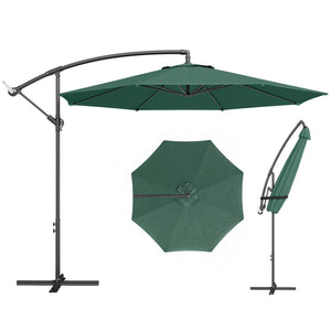 3(m) Garden Banana Parasol Hanging Cantilever Umbrella with Crank Handle, 8 Ribs and Cross Base for Outdoor, Sun Shade, Dark Green