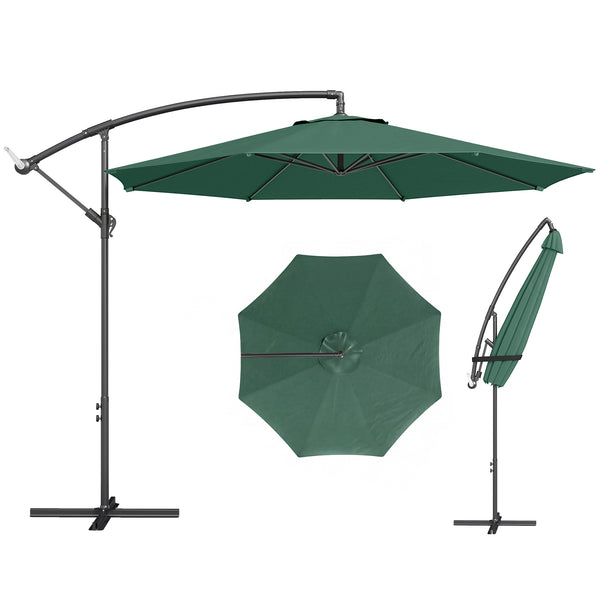 3(m) Garden Banana Parasol Hanging Cantilever Umbrella with Crank Handle, 8 Ribs and Cross Base for Outdoor, Sun Shade, Dark Green