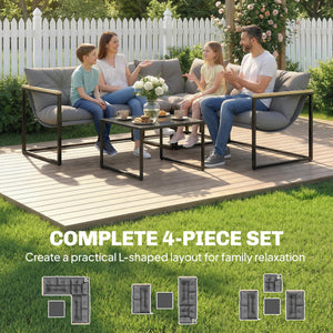 4 Piece Garden Furniture Set, Garden Table and Chairs with Thick Cushions, Patio Conversation Set with Coffee Table for Porch, Balcony, Deck, Grey