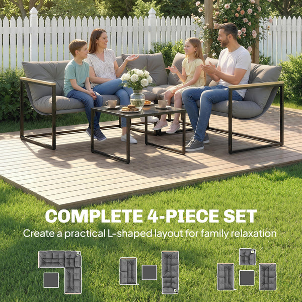 4 Piece Garden Furniture Set, Garden Table and Chairs with Thick Cushions, Patio Conversation Set with Coffee Table for Porch, Balcony, Deck, Grey
