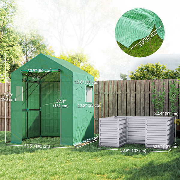 Greenhouse with Raised Garden Bed, 56" x 56" x 75" Galvanized Metal Planter Box with PE Cover, Roll Up Door and Windows, Outdoor Greenhouse for Flowers Vegetables, Green
