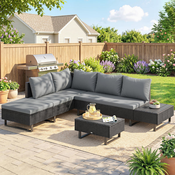 5 Seater Rattan Garden Furniture Set, Adjustable Back Corner Sofa Outdoor Lounge Set, Loveseat, Faux Wood Table, Cushions, L Shaped Patio Furniture Conversation Sets, Metal Frame, Dark Grey