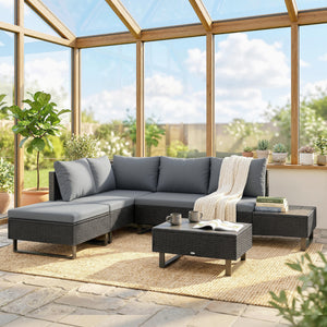 5 Seater Rattan Garden Furniture Set, Adjustable Back Corner Sofa Outdoor Lounge Set, Loveseat, Faux Wood Table, Cushions, L Shaped Patio Furniture Conversation Sets, Metal Frame, Dark Grey