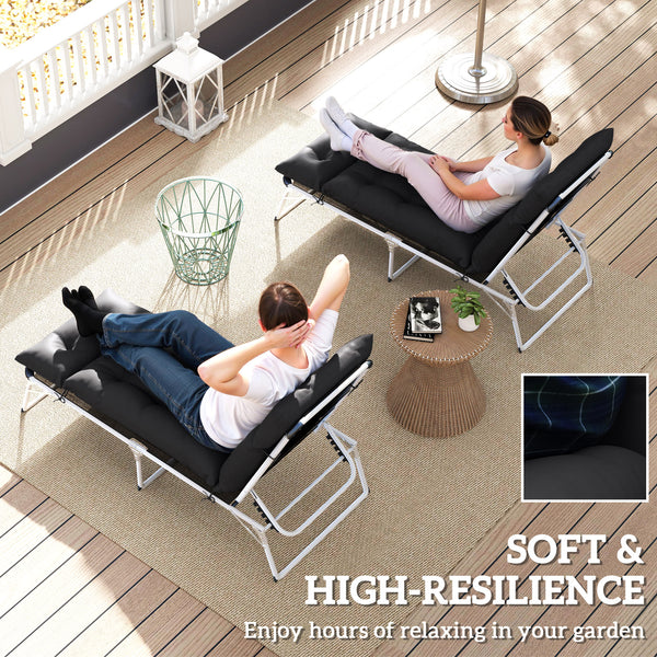 Sun Lounger Cushions Only, 190x56x10cm Garden Lounge Chair Cushions Set of 2, UPF20+ 220gsm Fabric, Thick Sunbed Replacement Pads with 6 Ties, Black