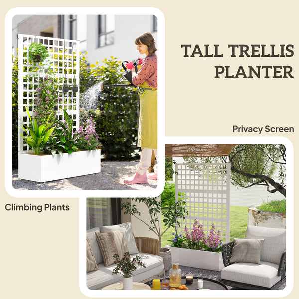 Galvanized Raised Garden Bed with Trellis, 43"x16"x70" Metal Planter Box with Drainage Holes, Outdoor Privacy Screen for Climbing Plant Vegetable Vine, White