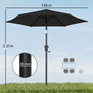 2m Garden Parasol Umbrella, Outdoor Table Parasol Umbrella with Crank Handle, Tilt Function, UV30+ Protection, Sun Shade Canopy for Patio, Beach, Black