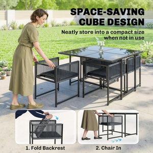 5 Pieces Garden Dining Set, Outdoor Patio Cube Set, 4 Seater Outdoor Table and Chairs with Foldable Backrest, Tempered Glass Top, Space-Saving, Dark Grey