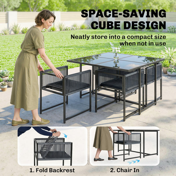 5 Pieces Garden Dining Set, Outdoor Patio Cube Set, 4 Seater Outdoor Table and Chairs with Foldable Backrest, Tempered Glass Top, Space-Saving, Dark Grey