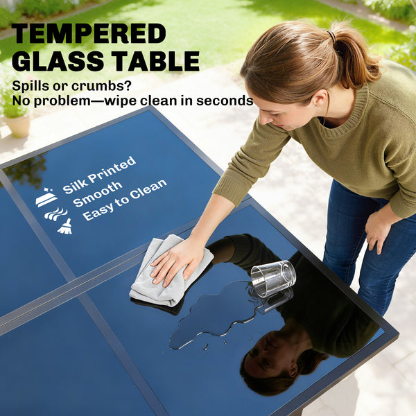 5 Pieces Garden Dining Set, Outdoor Patio Cube Set, 4 Seater Outdoor Table and Chairs with Foldable Backrest, Tempered Glass Top, Space-Saving, Dark Grey