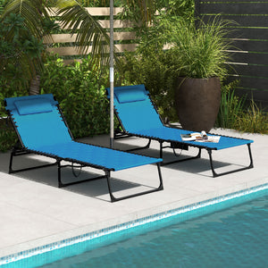 Outsunny Folding Chaise Lounge Set of 2 with 5-level Reclining Back, Outdoor Lounge Tanning Chair with Padded Seat, Side Pocket & Headrest for Beach, Yard, Patio, Sky Blue