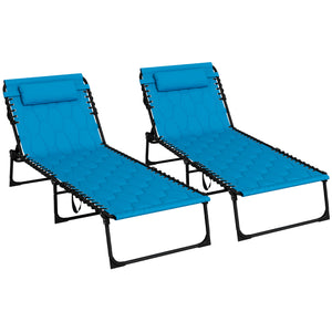 Outsunny Folding Chaise Lounge Set of 2 with 5-level Reclining Back, Outdoor Lounge Tanning Chair with Padded Seat, Side Pocket & Headrest for Beach, Yard, Patio, Sky Blue