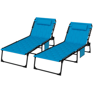 Outsunny Folding Chaise Lounge Set of 2 with 5-level Reclining Back, Outdoor Lounge Tanning Chair with Padded Seat, Side Pocket & Headrest for Beach, Yard, Patio, Sky Blue